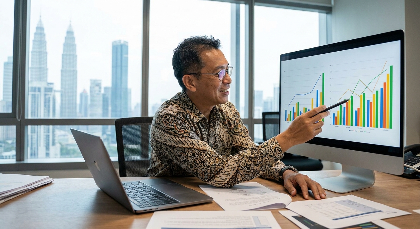 A Malaysian entrepreneur reviewing business growth charts.