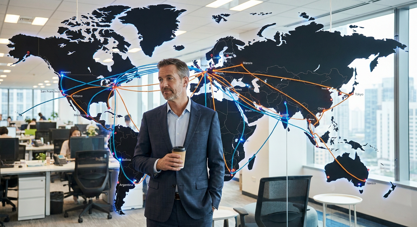 A business owner looking at a world map with interconnected lines
