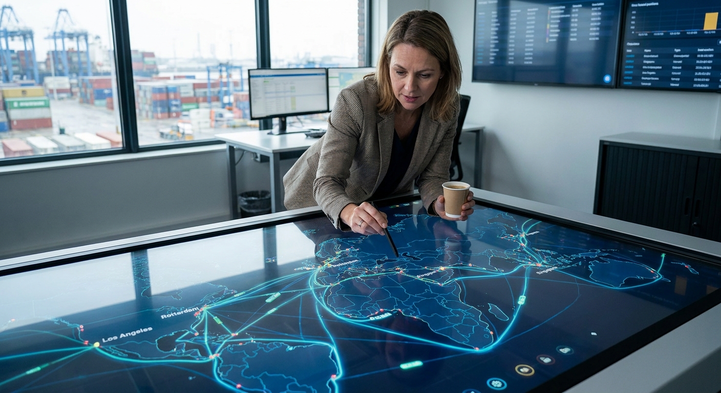 A business owner reviewing global shipping routes on a digital map.