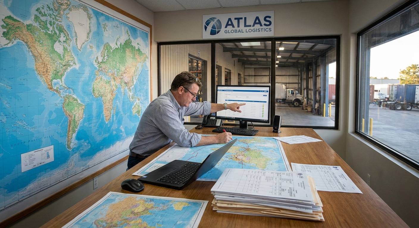 A business owner reviewing shipping routes on a map to optimise logistics.
