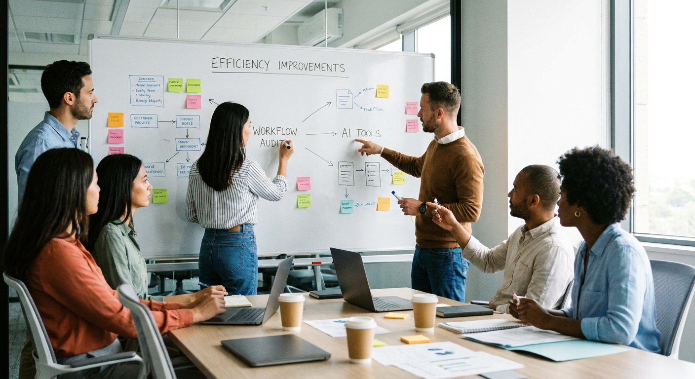 Team brainstorming efficiency improvements on a whiteboard.