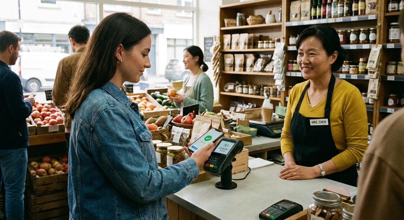 A customer making a contactless payment with their phone at a local shop.