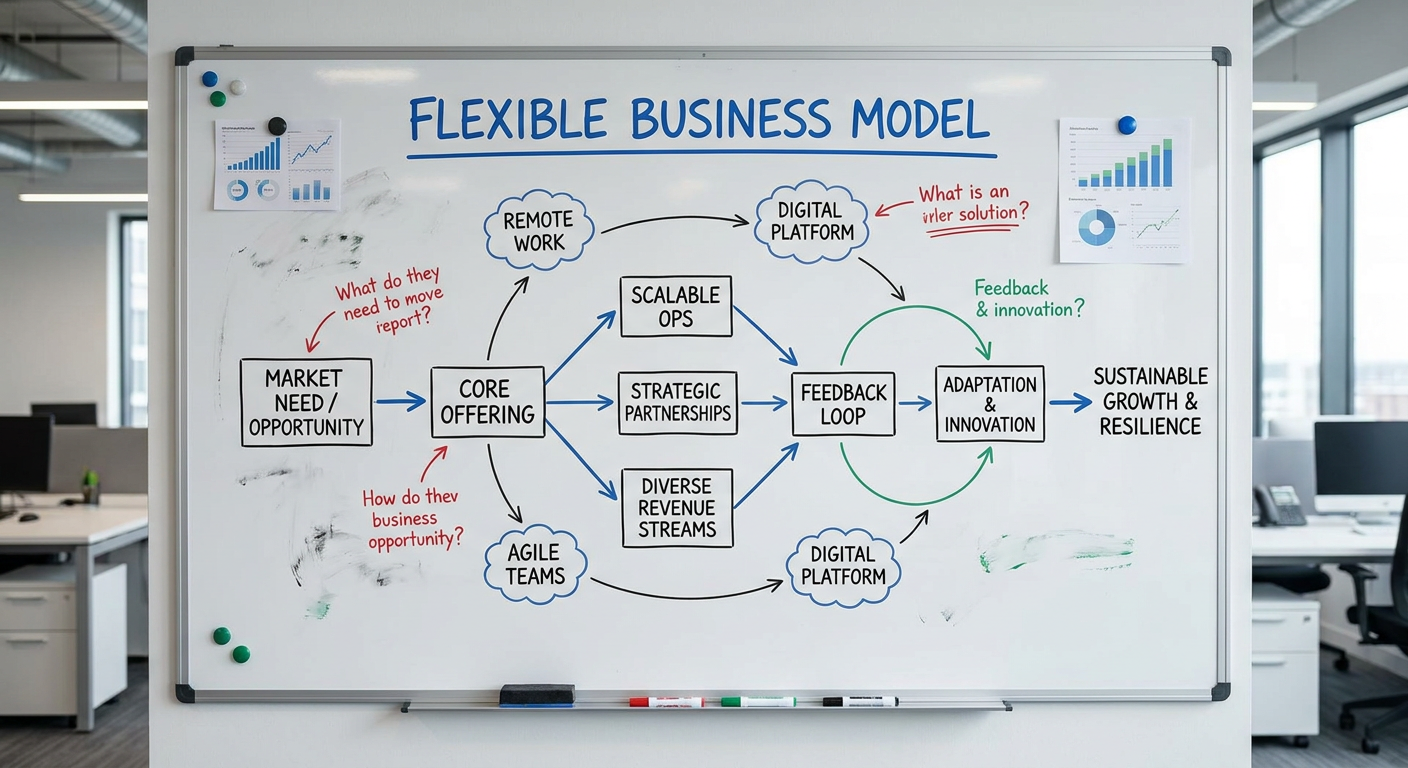 A flowchart on a whiteboard illustrating a flexible business model.