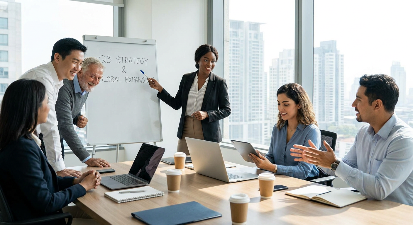 A group of diverse business professionals in a meeting, planning strategy.