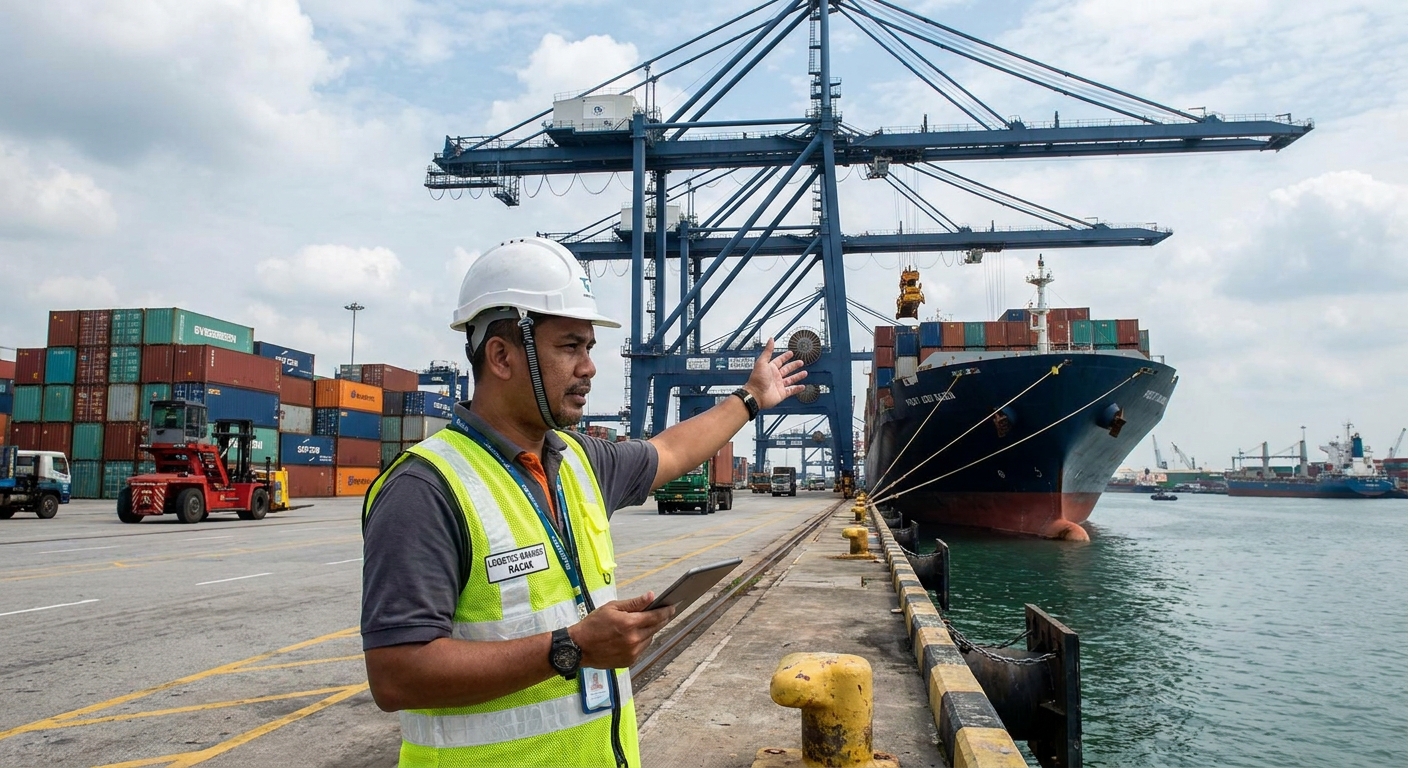 A logistics manager overseeing cargo shipments at a Malaysian port.