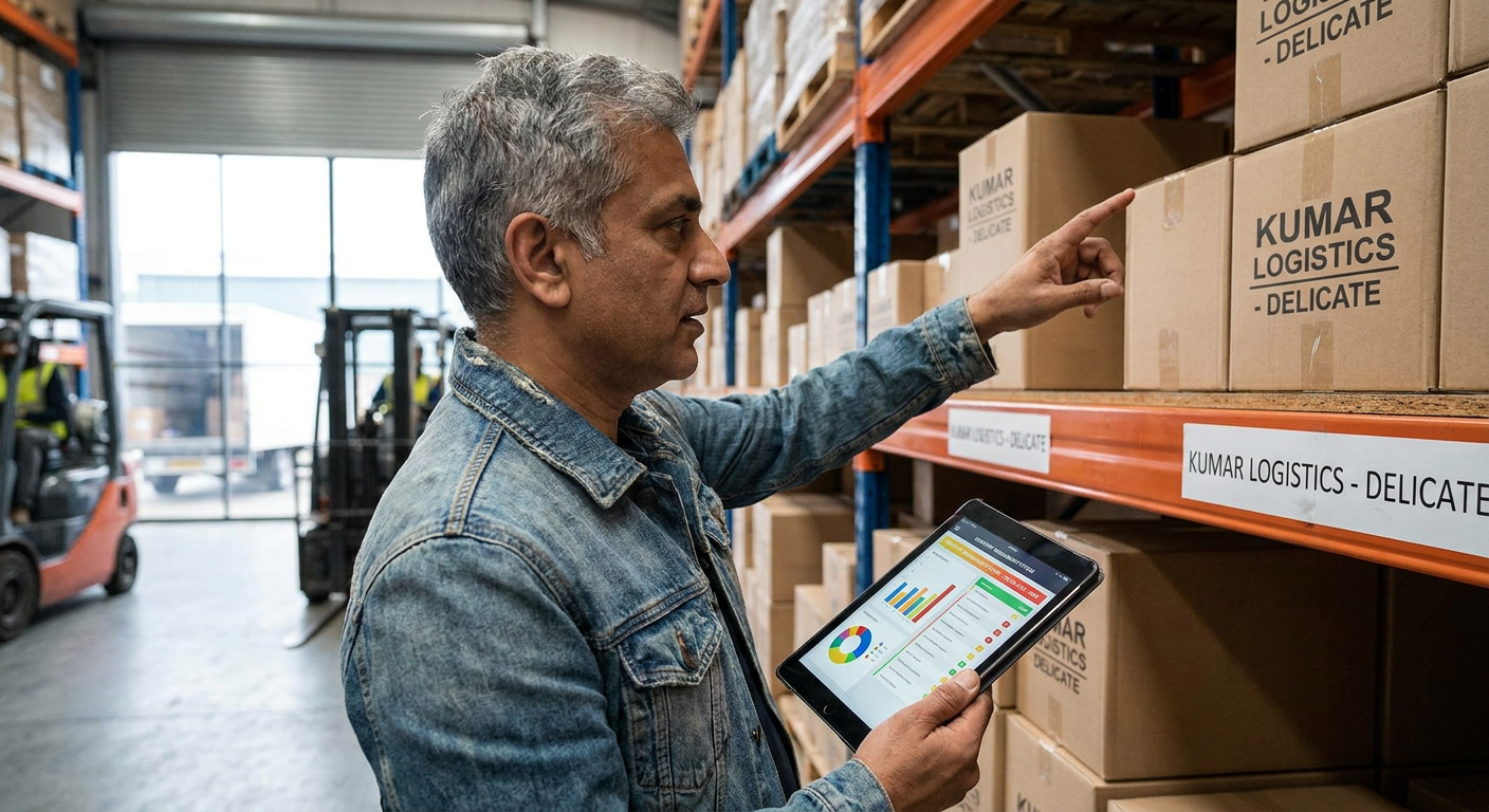 An SME owner a tablet to manage inventory in a warehouse.