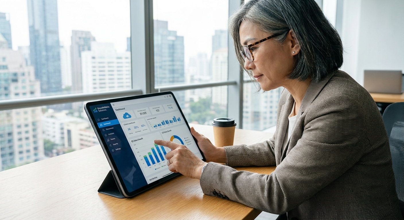 A business owner reviewing data analytics on a tablet.