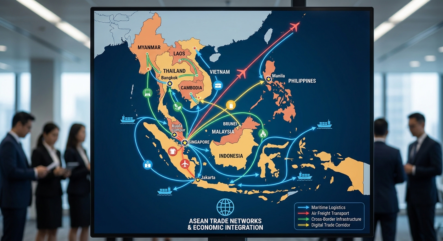 A map highlighting trade routes across the ASEAN region.