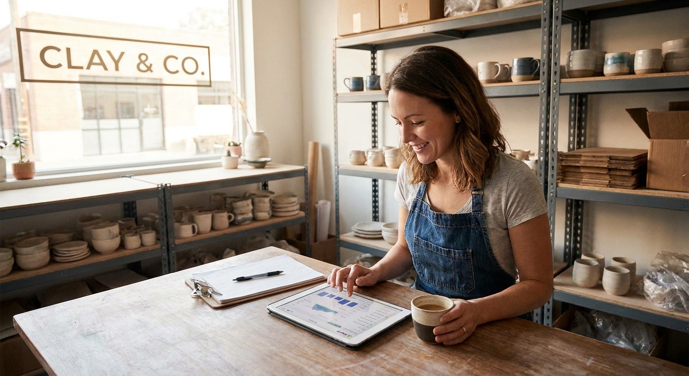 A small business owner using a tablet to manage their online store.