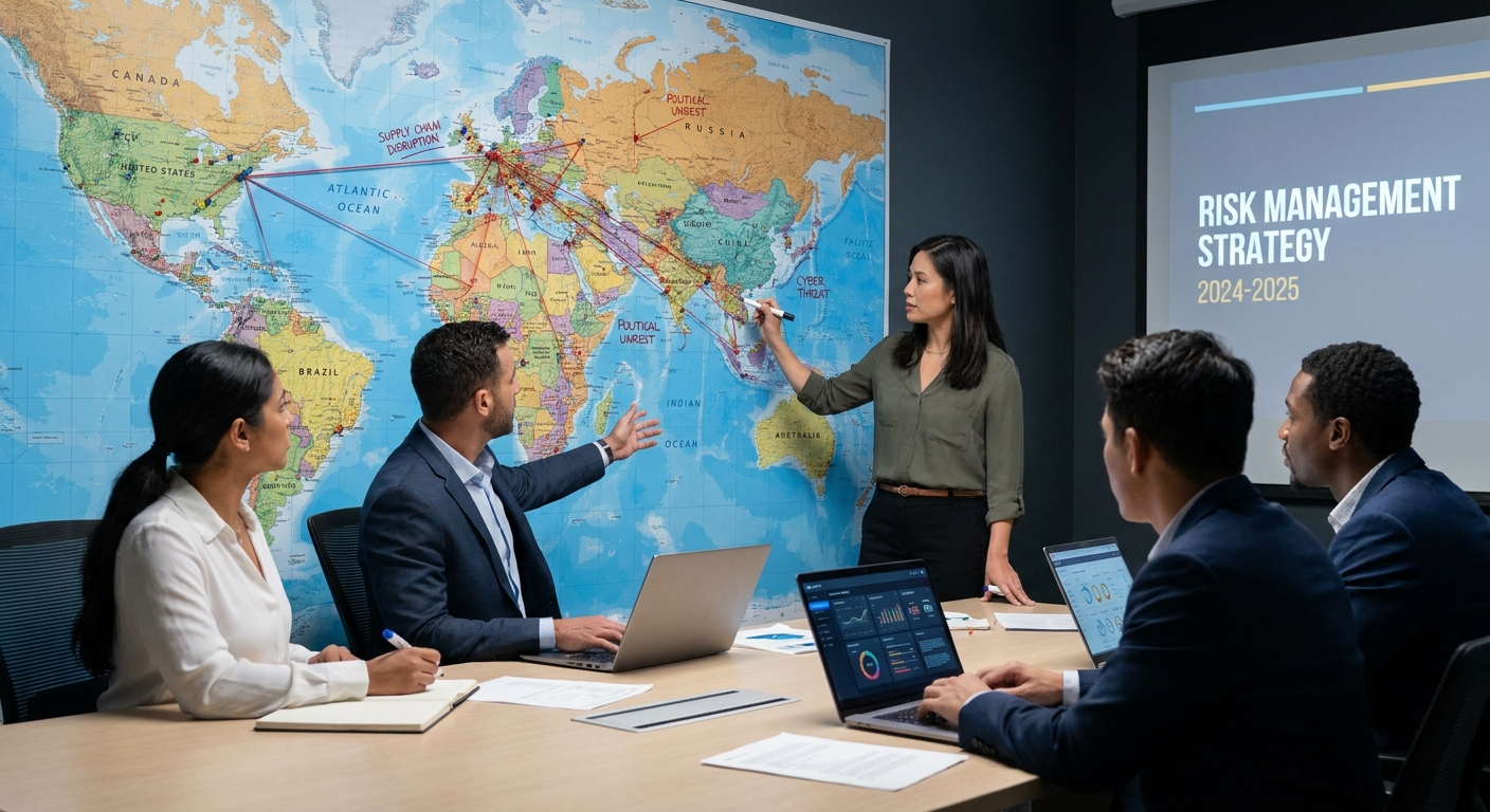A team collaborating on a risk management strategy using a world map.