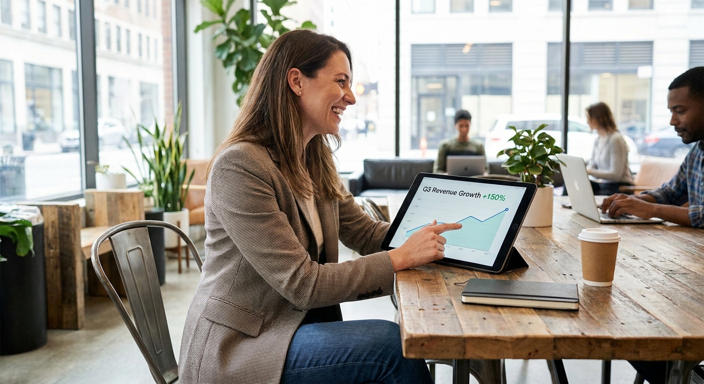 An entrepreneur reviewing growth charts on a tablet.