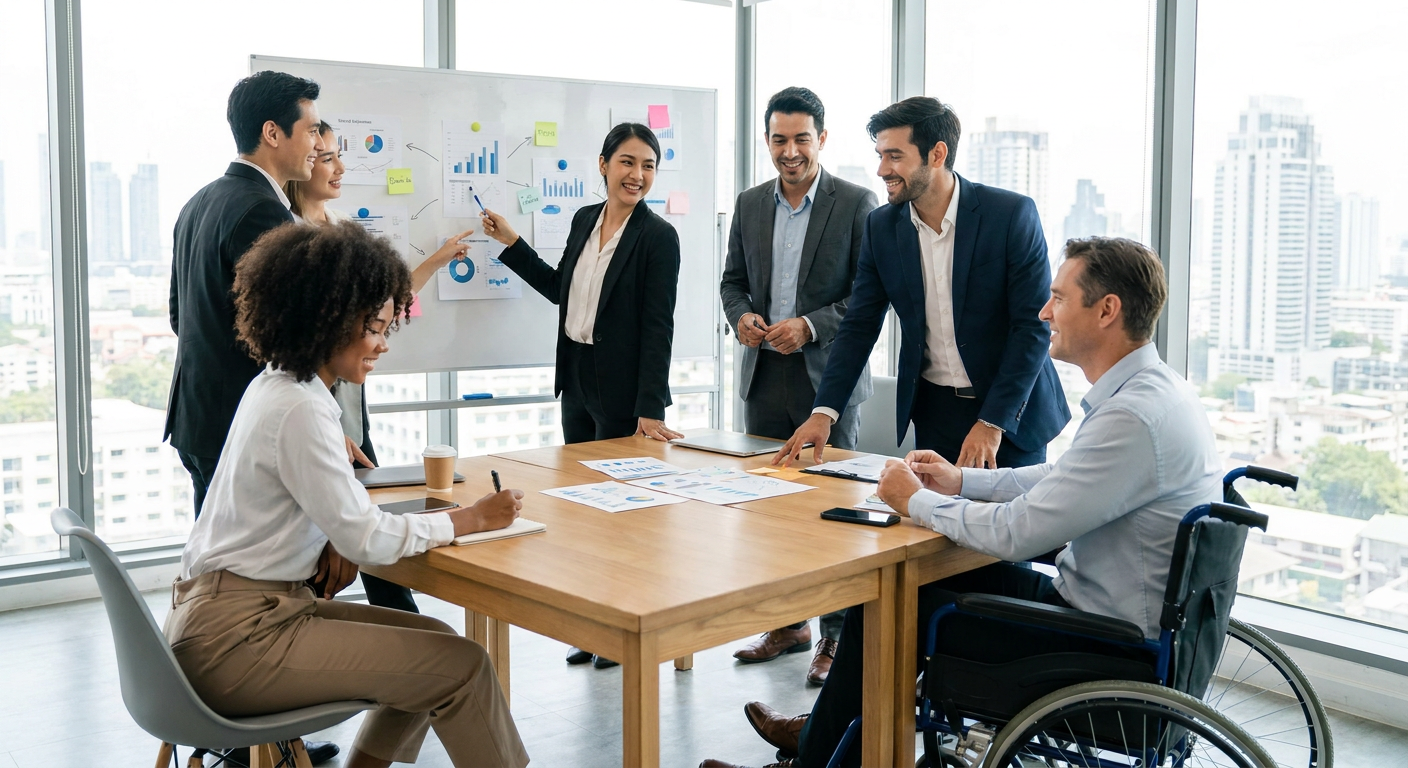 A group of diverse business professionals in a collaborative meeting.