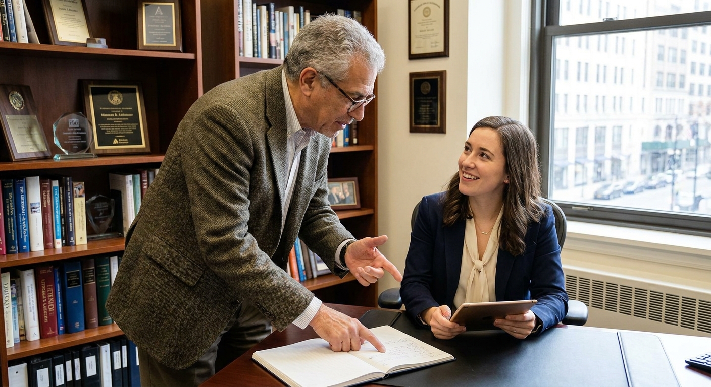An older business owner mentoring a younger professional in an office setting.
