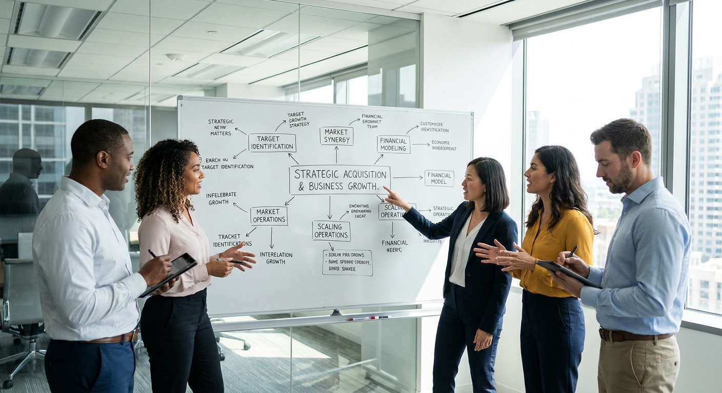 A brainstorming session with notes on strategic acquisition and business growth.