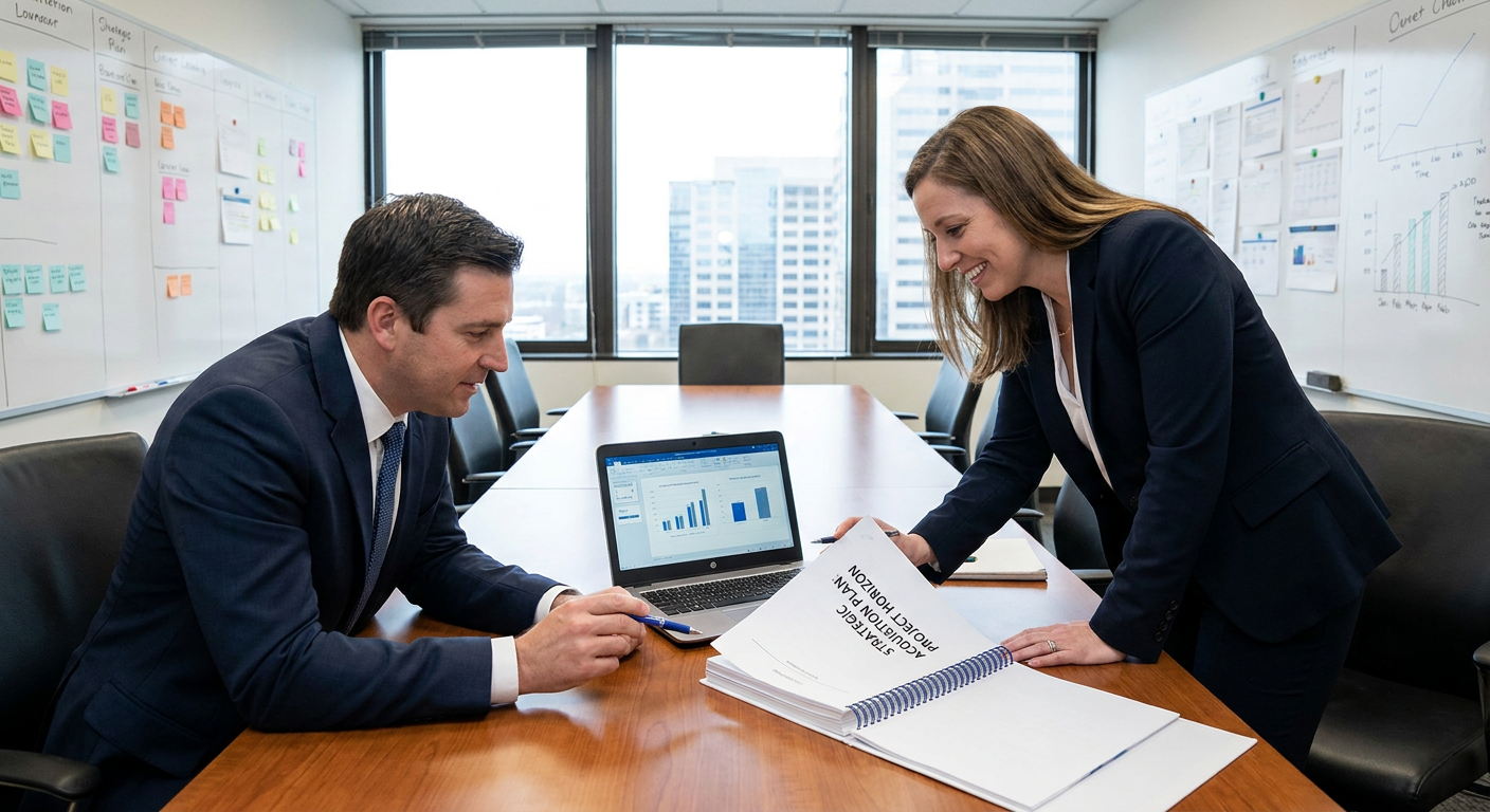 Business owners reviewing a strategic acquisition plan.