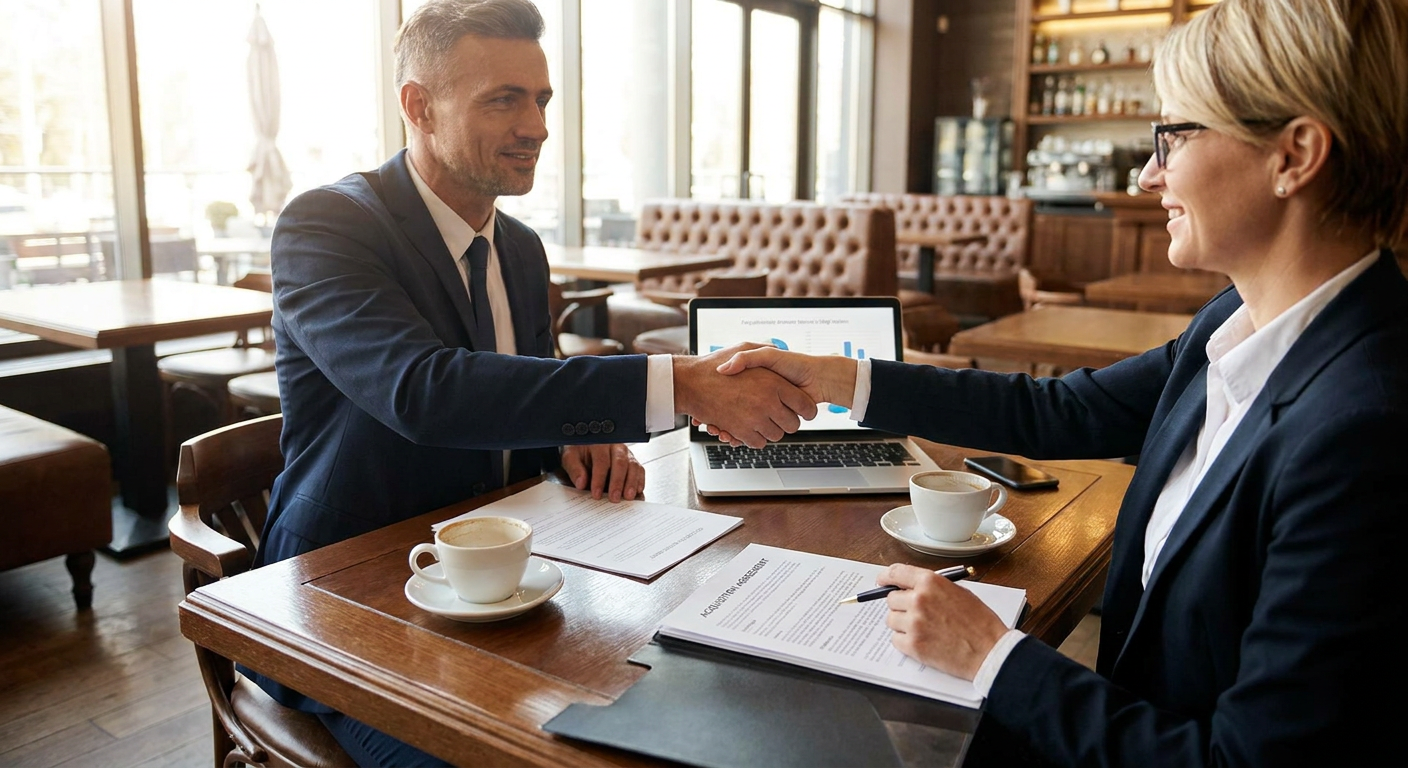 Business partners finalising an acquisition deal over coffee.