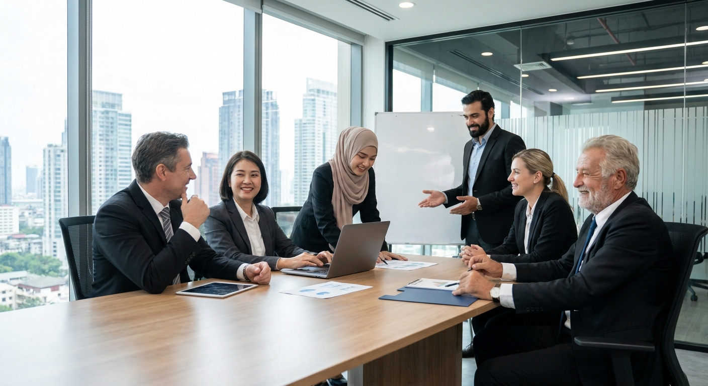 A group of diverse business professionals in a meeting.