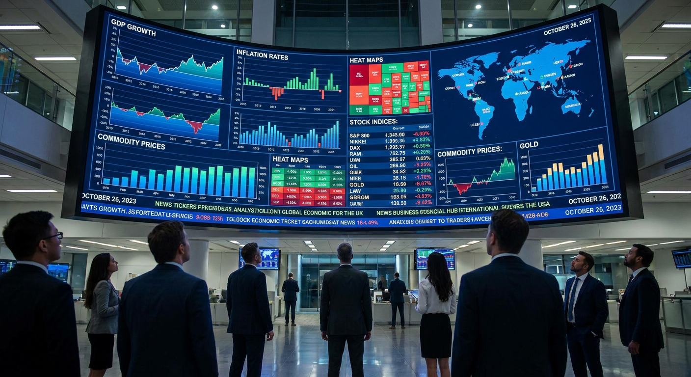 Global economic charts displayed on a screen.