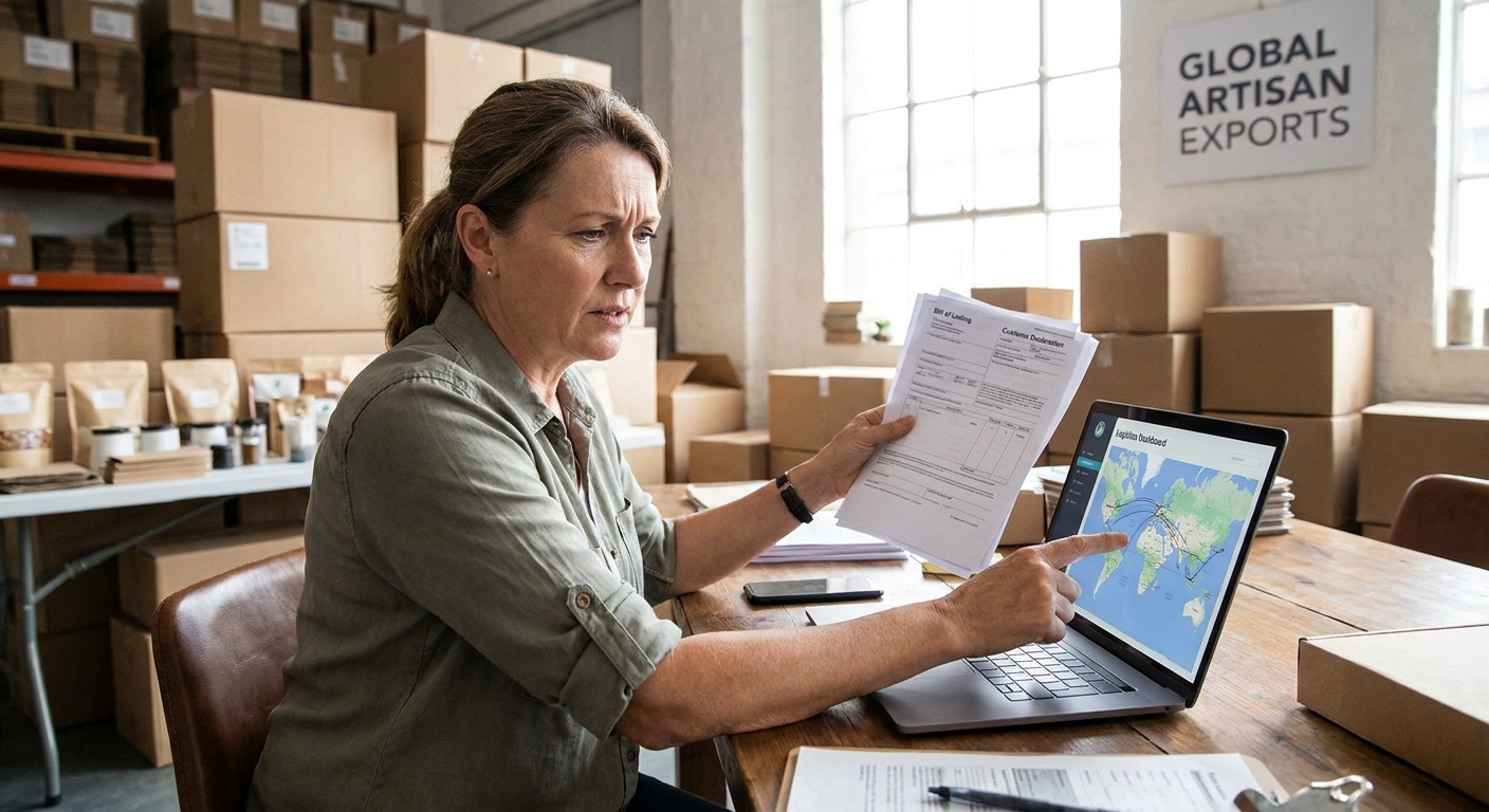 SME owner reviewing international shipping documents and logistics plans.