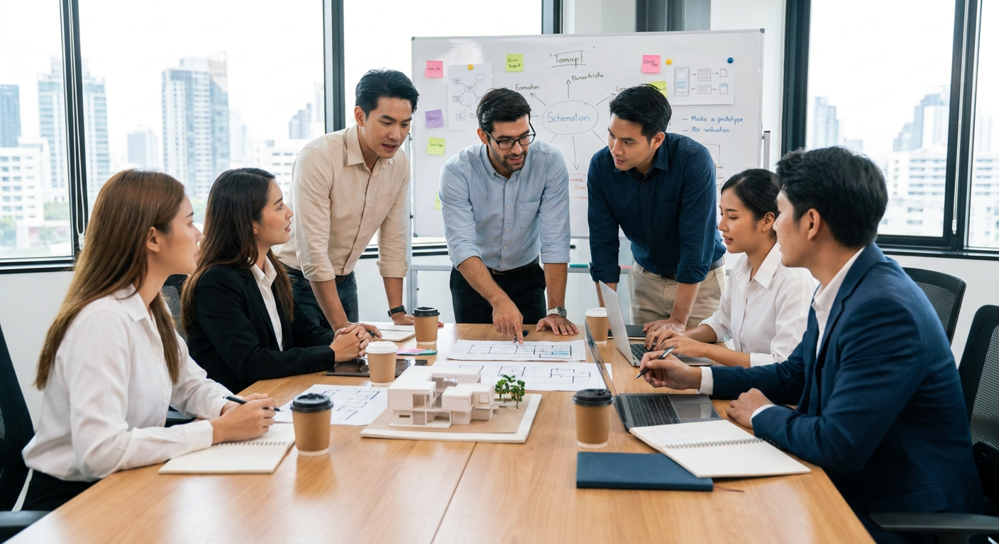 Team of professionals collaborating around a table.