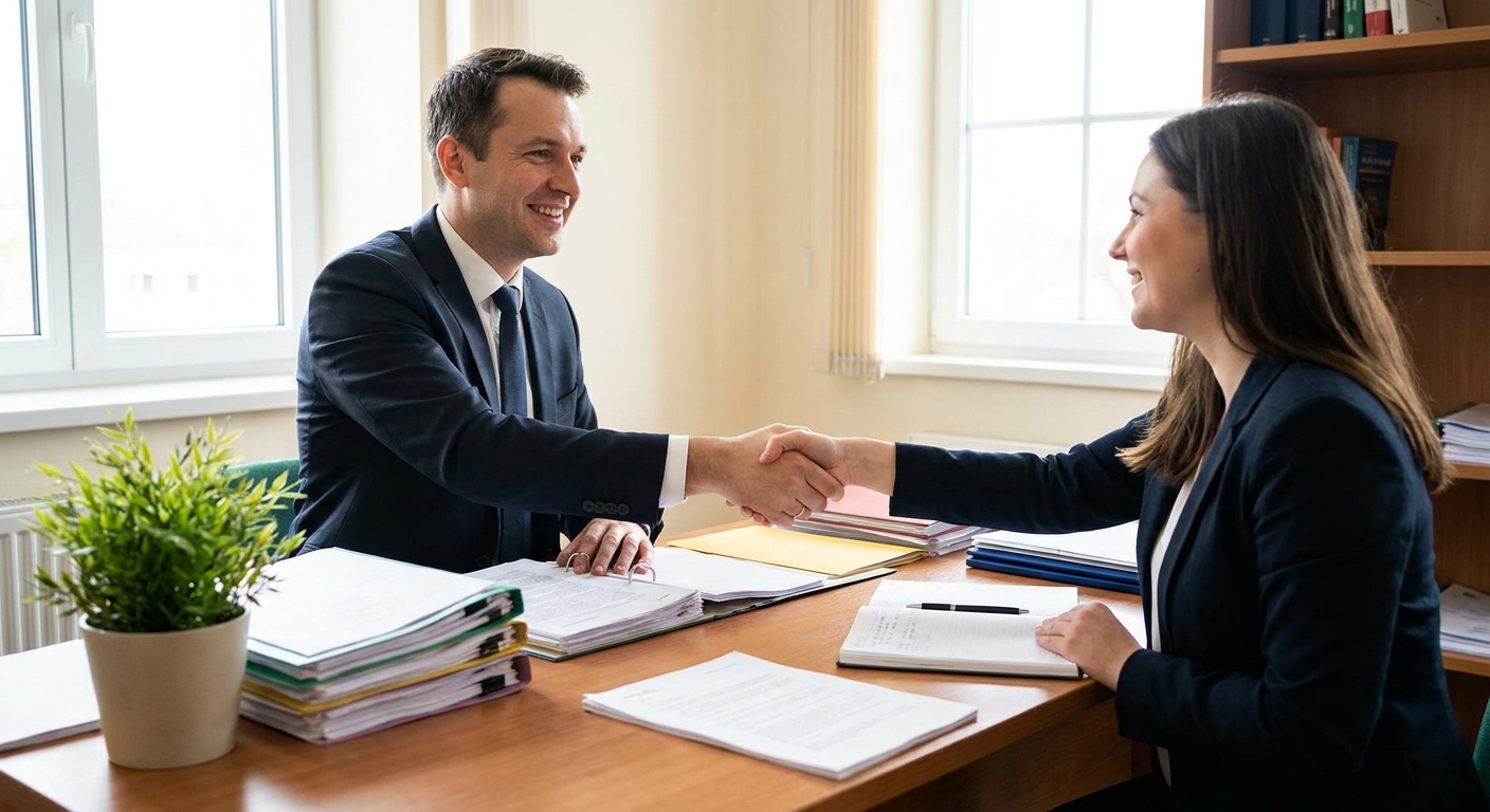 Two people shaking hands over a desk with documents on it
