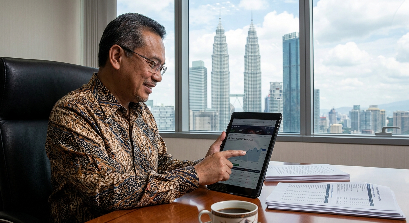 A Malaysian business owner reviewing global market reports on a tablet.