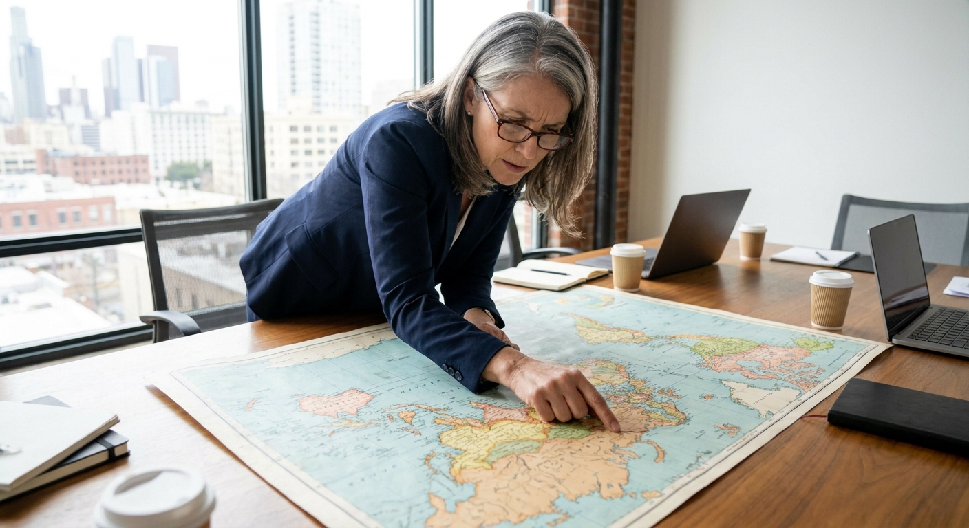 A business owner looking at a world map, planning their next move.