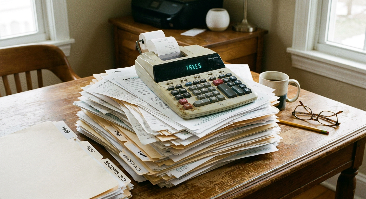 A stack of documents with a calculator, symbolising tax preparation.