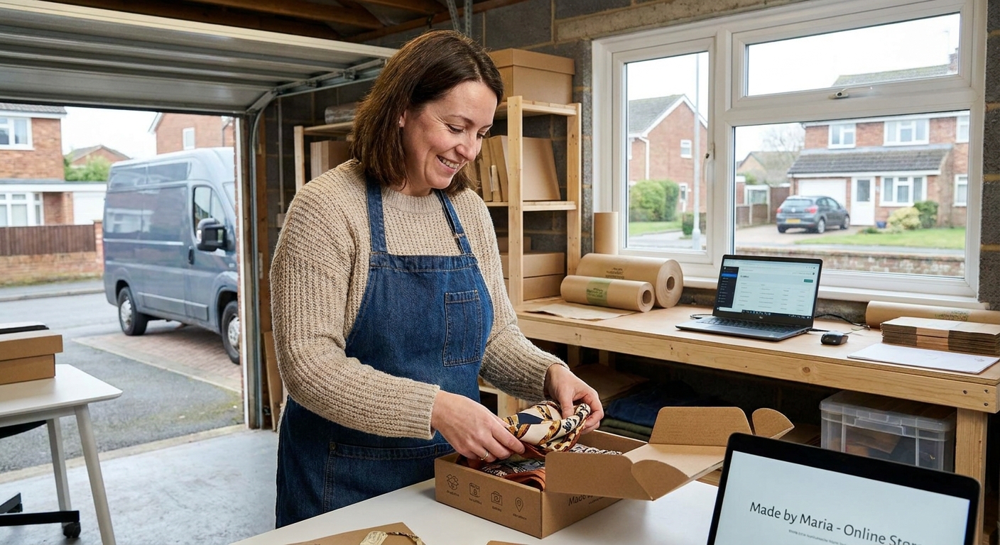 A small business owner packing an online order, showcasing the power of e-commerce.