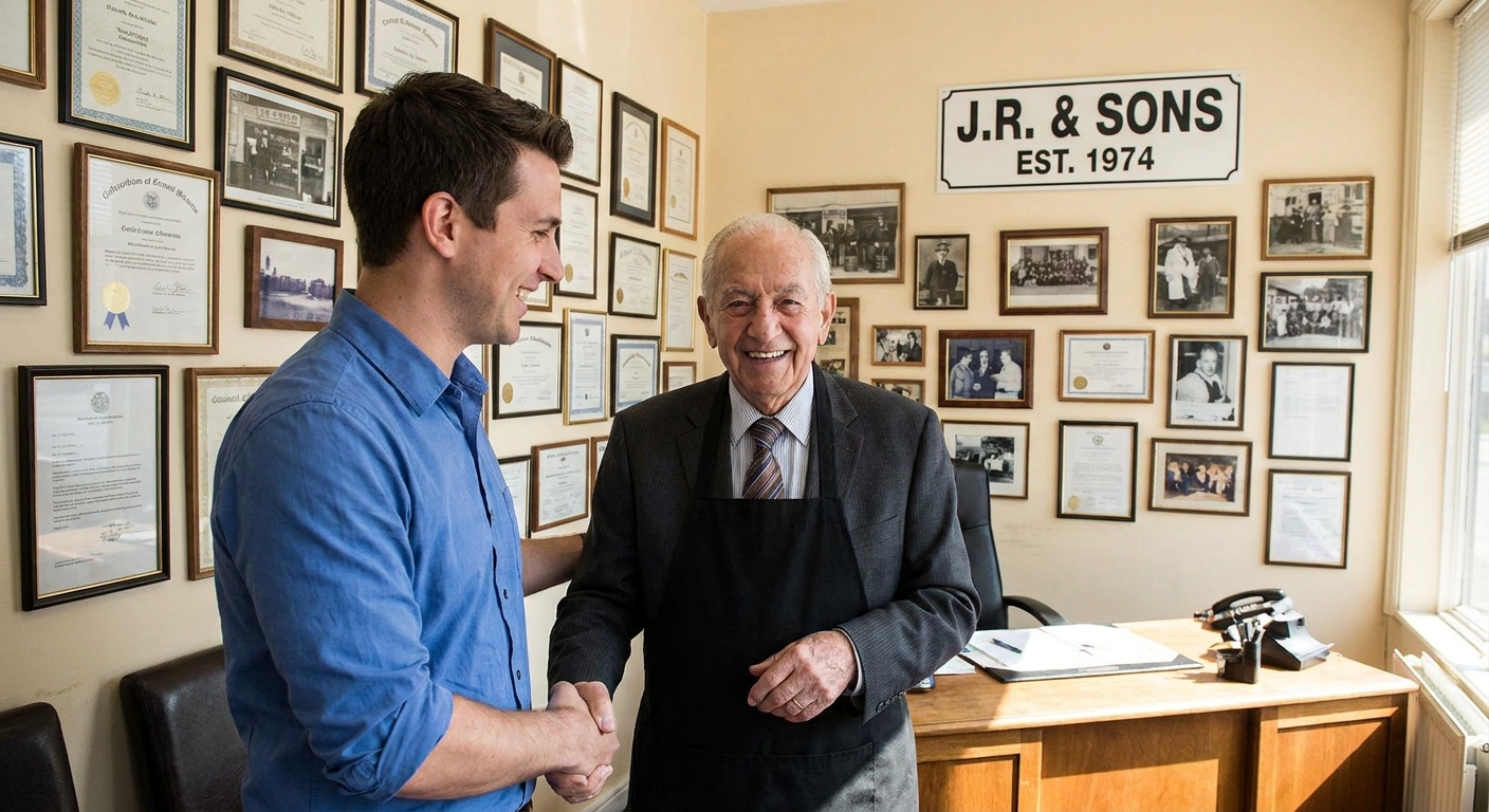 A younger person shaking hands with an older business owner, signifying a handover.