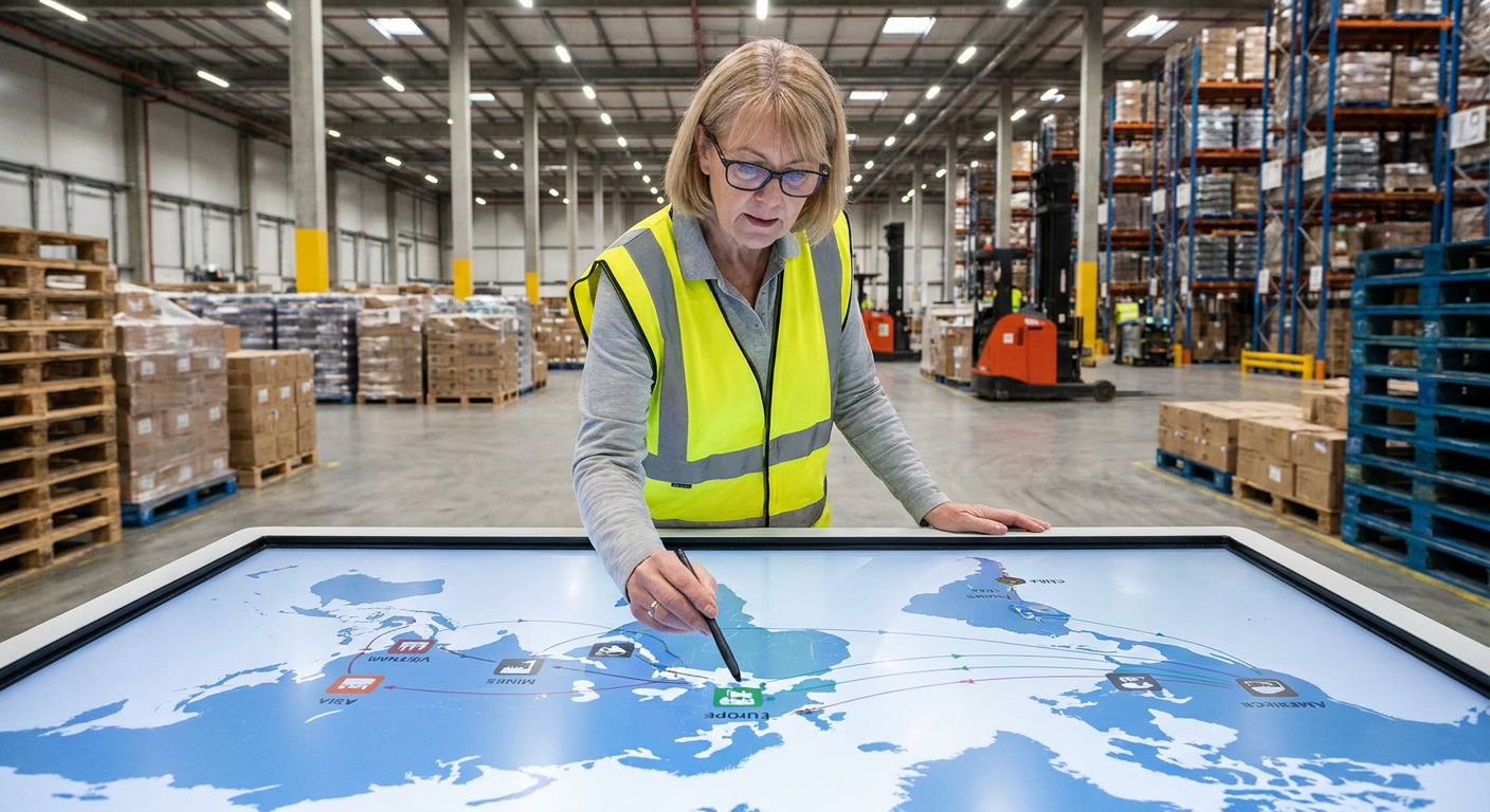 Warehouse manager reviewing a diversified global supply chain map.