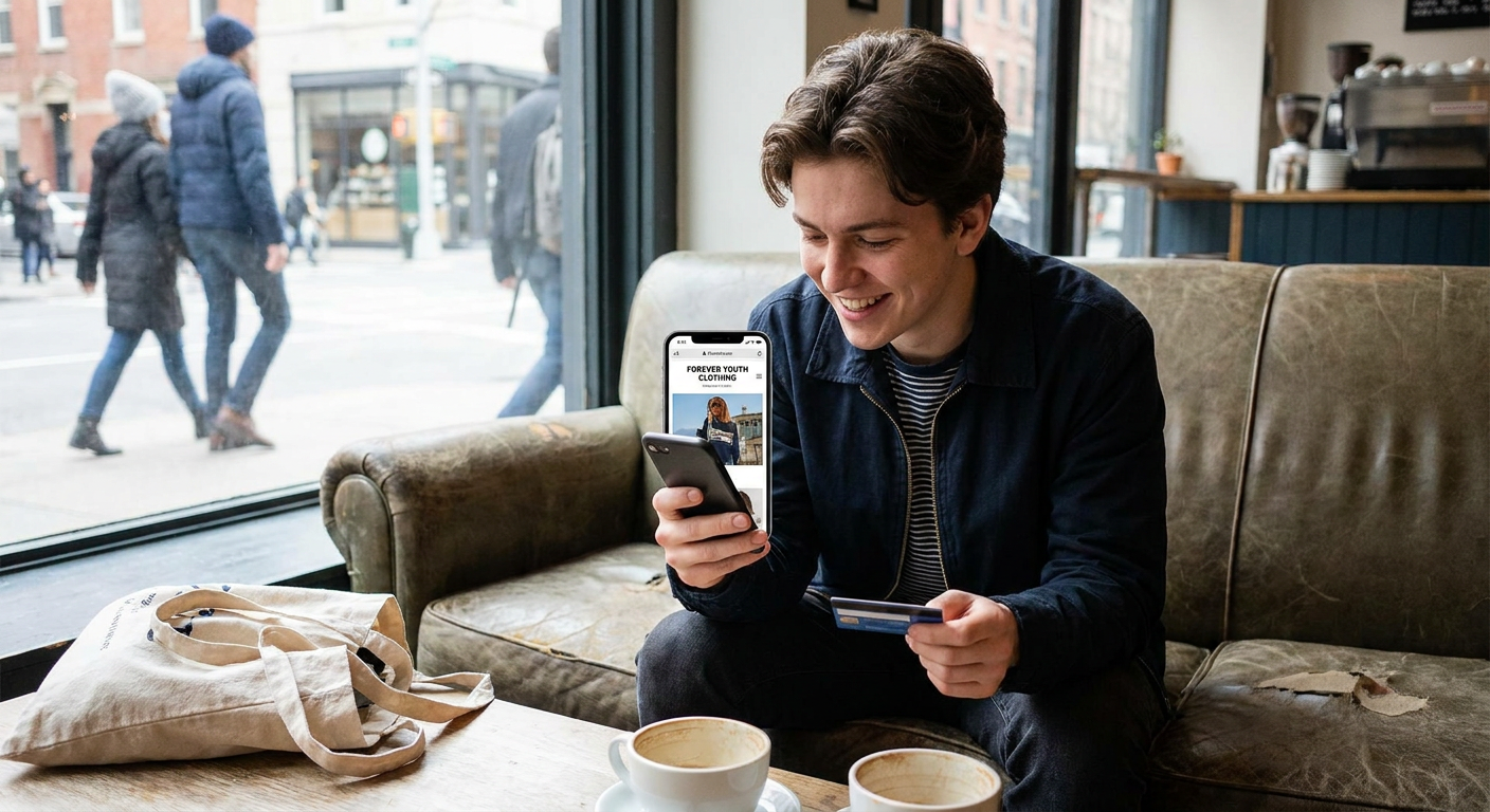 A young person shopping online with a smartphone.