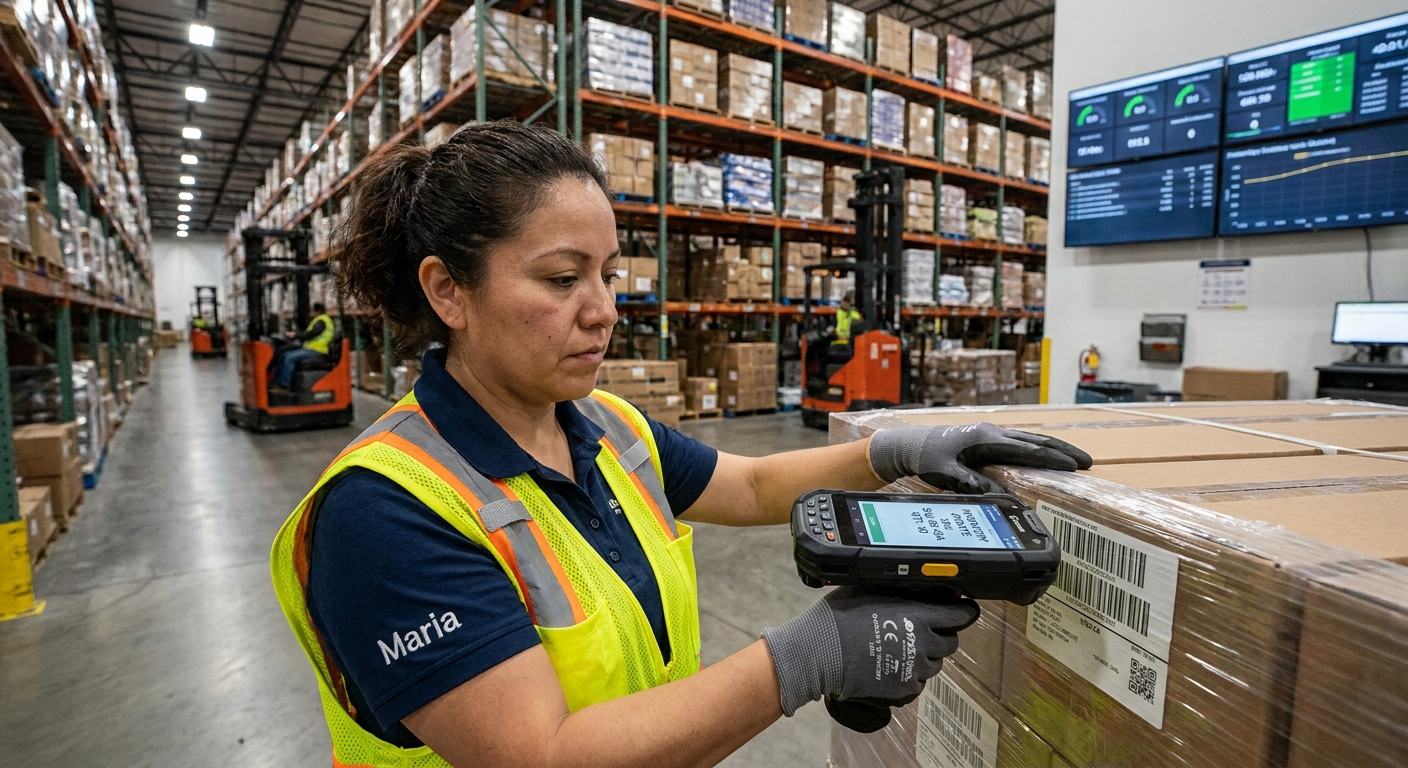 A warehouse worker using a handheld device to manage digital inventory.