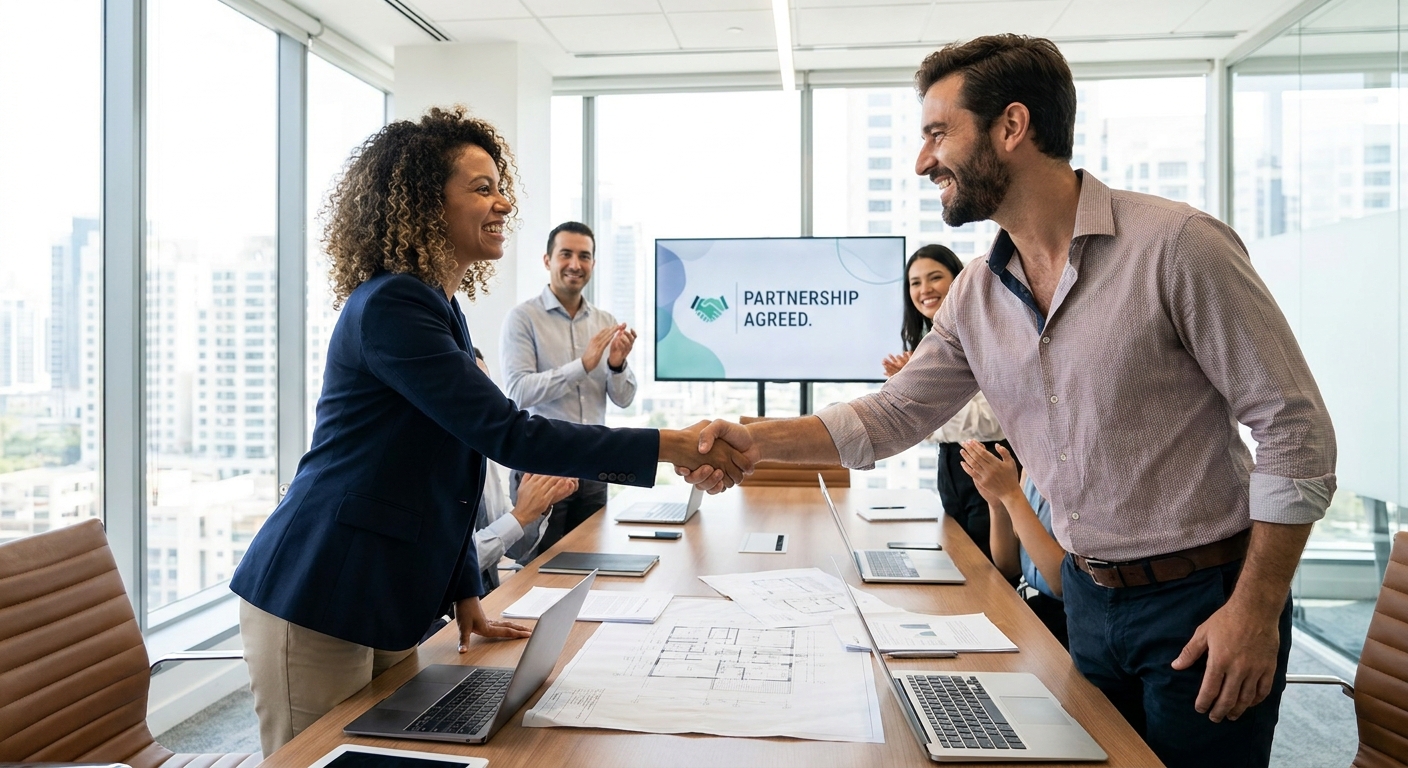 Two entrepreneurs shaking hands after a successful business meeting.