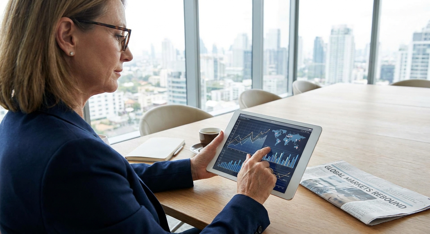 Business owner analysing global market charts on a tablet.