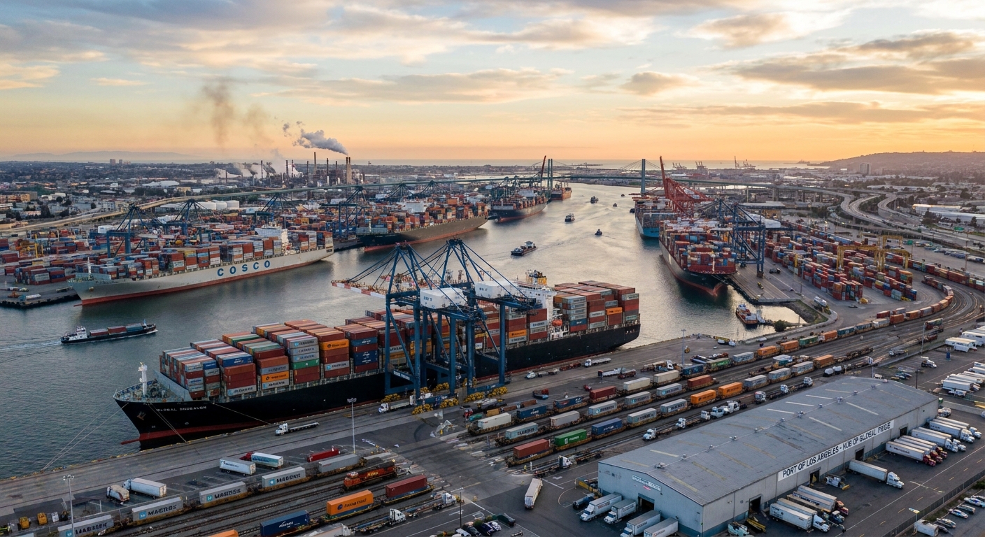 Cargo ships at a busy port, illustrating global supply chains.