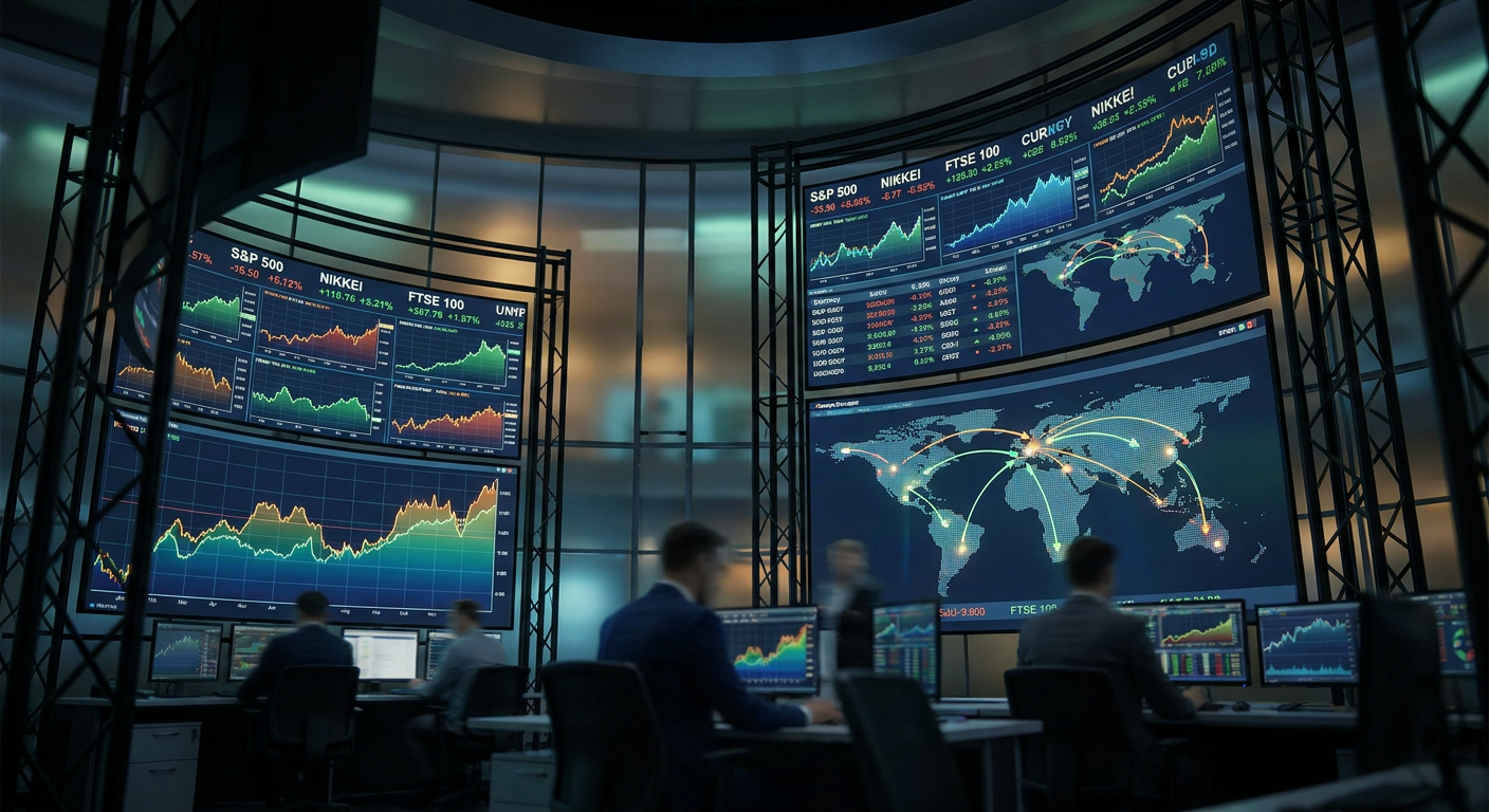 Global economic charts displayed on screens, showing interconnected markets.