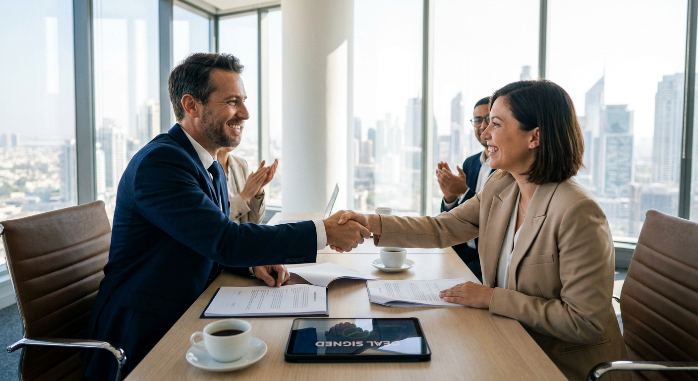 Business partners shaking hands over a deal.
