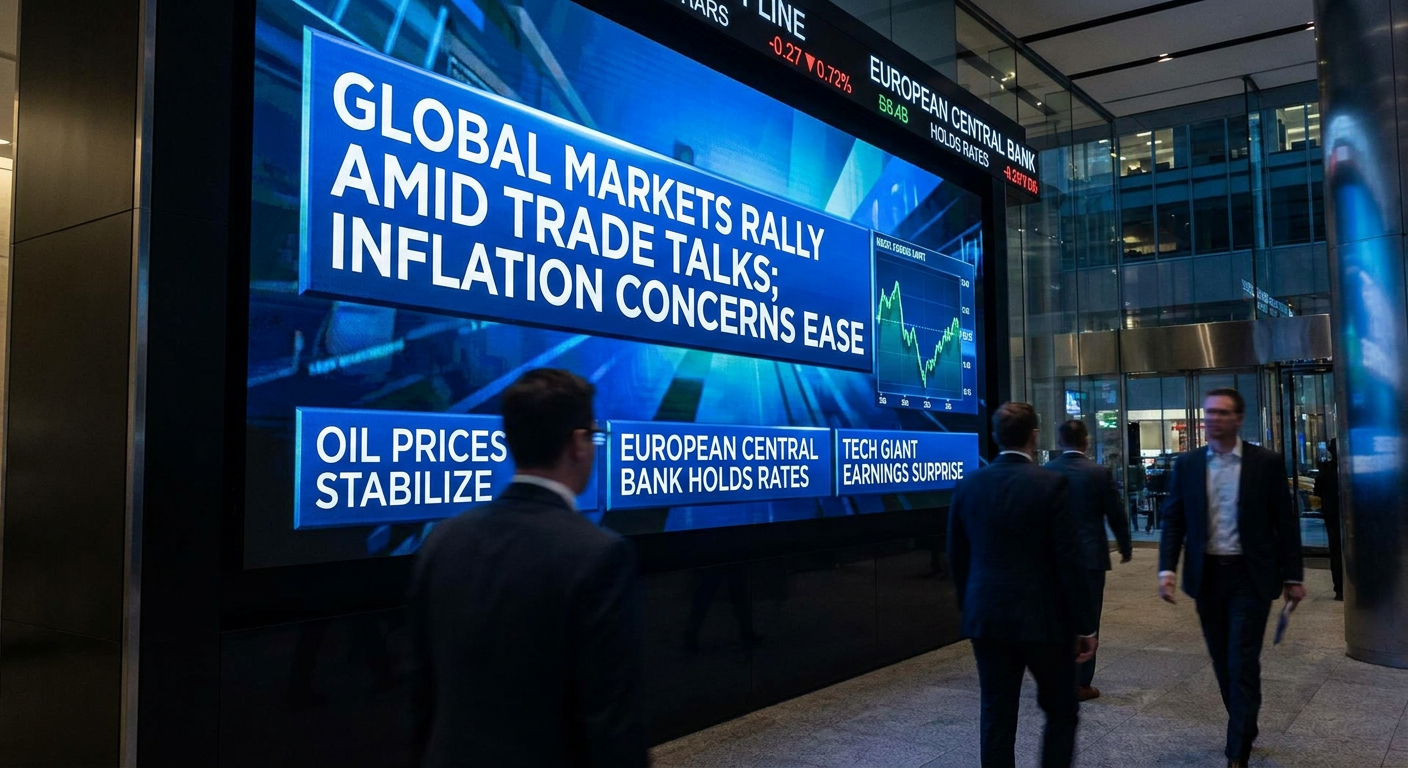 Global economic news headlines on a screen.