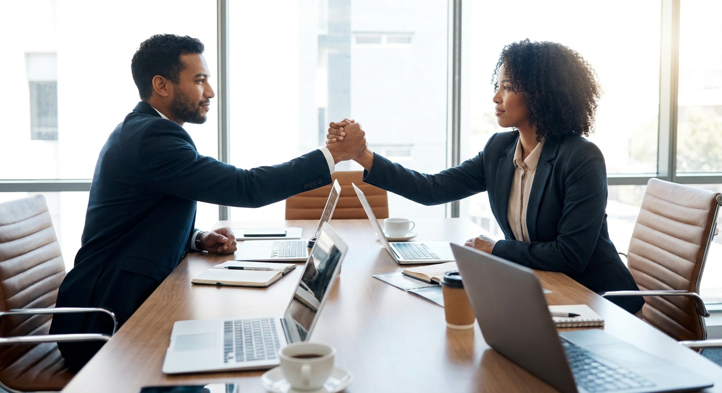 Two business professionals shaking hands over a meeting table.