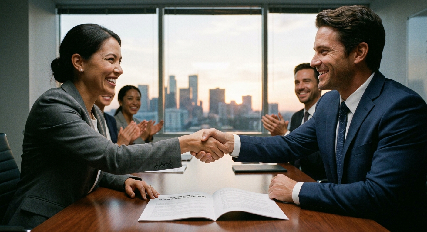 Two business professionals shaking hands, sealing a deal.