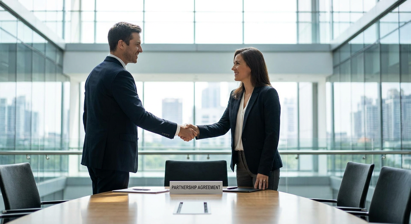 Two business professionals shaking hands, symbolising a new partnership.