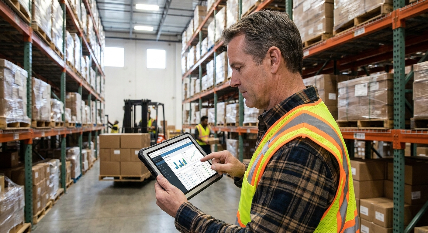 Warehouse manager reviewing stock levels on a digital tablet.
