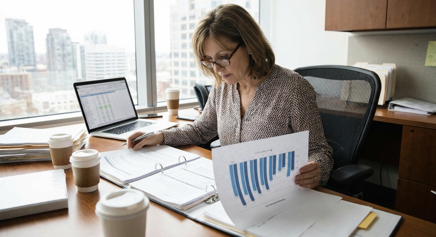 A business owner reviewing financial charts and documents.