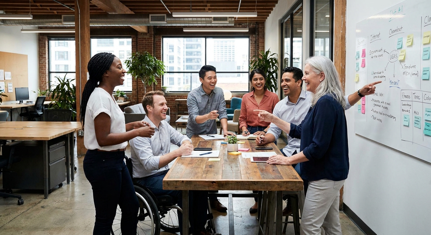 A diverse group of employees collaborating in a modern office space.