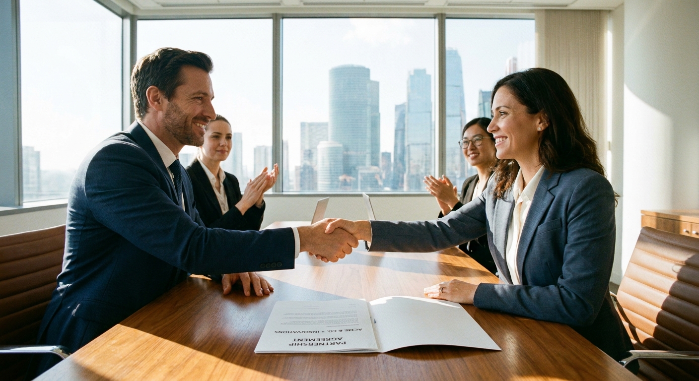 Two business partners shaking hands, signifying a new partnership.