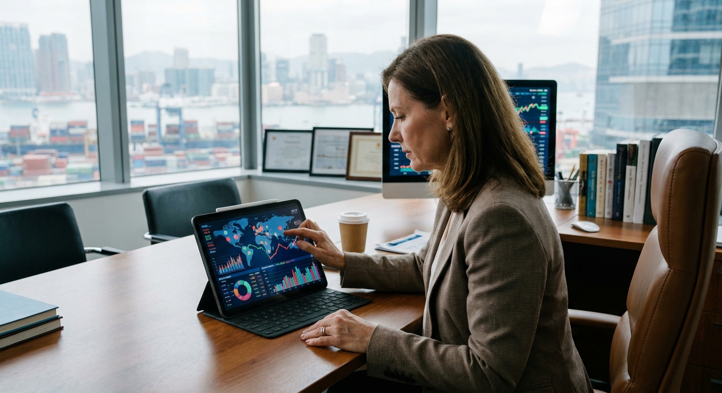 A business owner reviewing global market charts on a tablet.