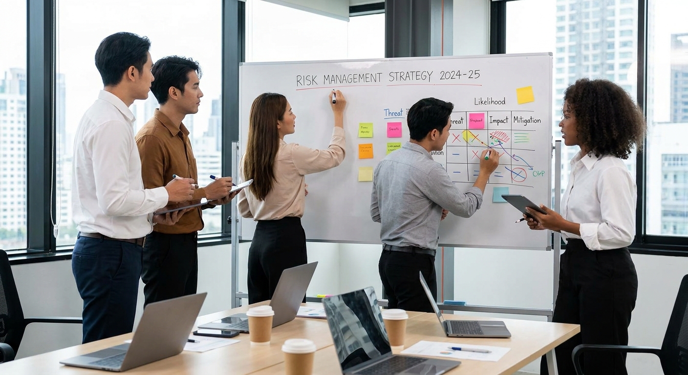 A business team collaborating on a risk management strategy on a whiteboard.