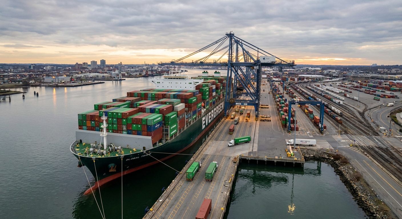 A container ship at port, representing global trade and supply chains.