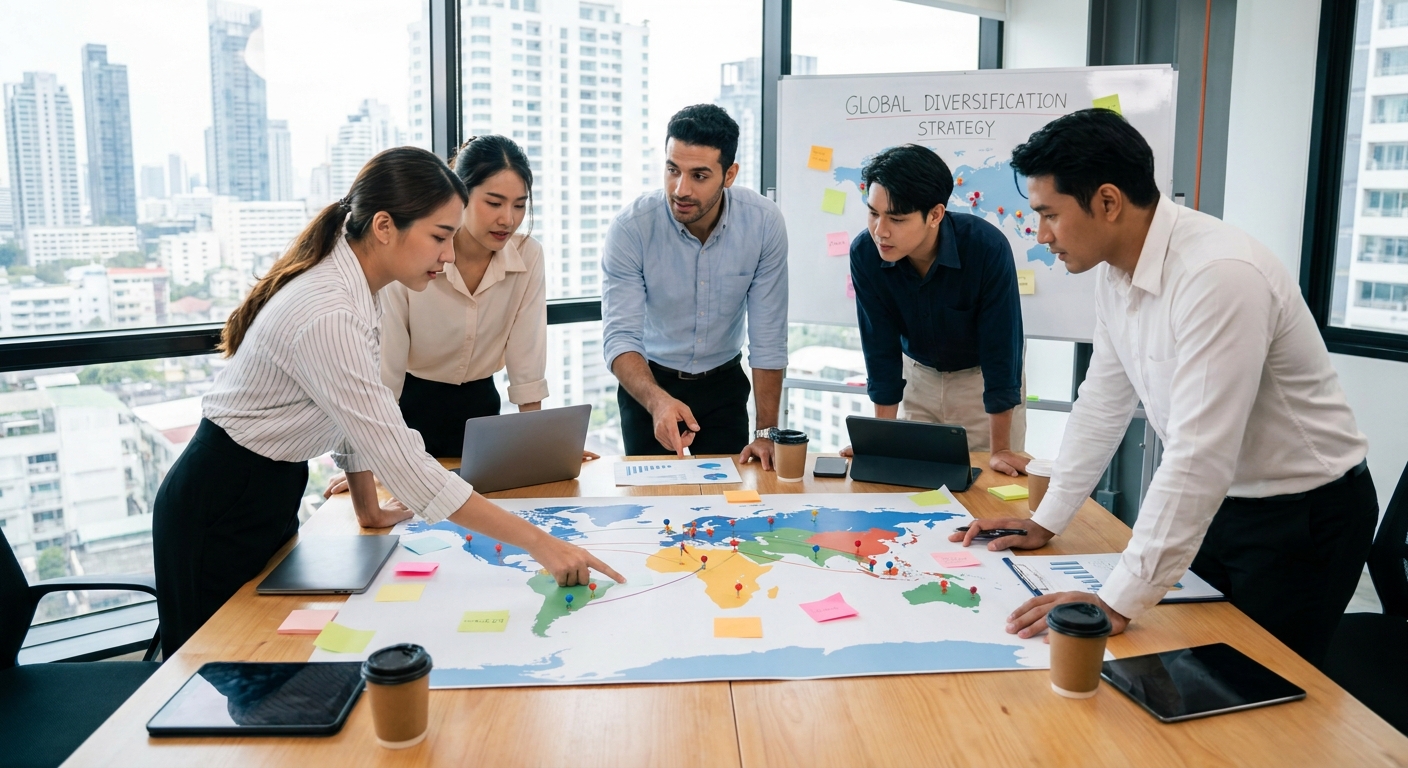 Business team collaborating over a map, planning market diversification.